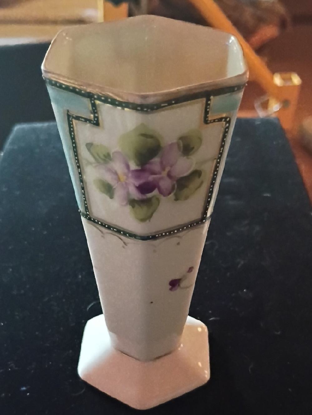 Porcelain Hexagonal Purple Floral Vase with Gold Trim